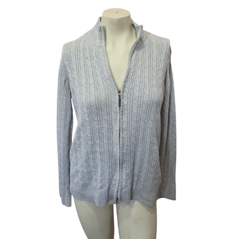 Amber Sun Womens Large Cable Knit Full Zip Cardigan Sweater Gray Mock Neck L